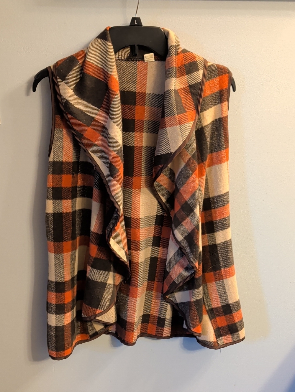 Sleeveless Plaid Draped Cardigan Vest in Orange, Black & Cream